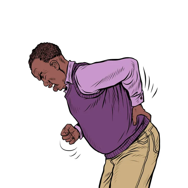 Homem idoso africano dor nas costas, osteocondrose hérnia entorse ciática e outras doenças da coluna vertebral e órgãos internos —  Vetores de Stock
