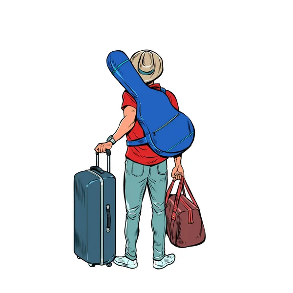 Un joven con una guitarra es un viajero que vuela de gira, equipaje en el aeropuerto. Viaje creativo — Vector de stock