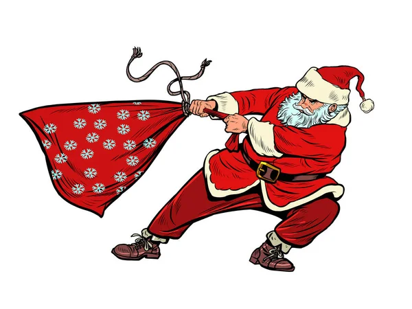 Santa Claus está sacando una bolsa pesada, un montón de regalos. Navidad y Año Nuevo vacaciones de invierno — Vector de stock