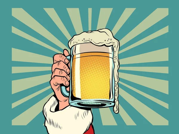 Babbo Natale con una tazza di birra. Pub o bar, una festa divertente. Natale e Capodanno, vacanze stagionali invernali a dicembre — Vettoriale Stock