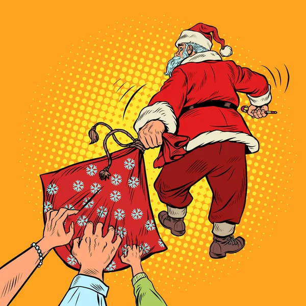 La gente quiere robarle a Santa Claus una bolsa de regalos. Descuentos y ventas de vacaciones emocionantes. Navidad y Año Nuevo vacaciones de invierno — Vector de stock