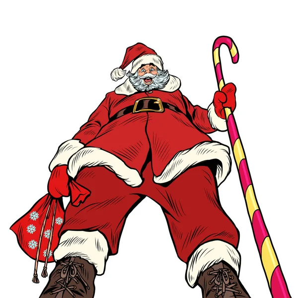 Pretencioso Santa Claus vista de abajo hacia arriba. Navidad y Año Nuevo, vacaciones de invierno en diciembre — Vector de stock