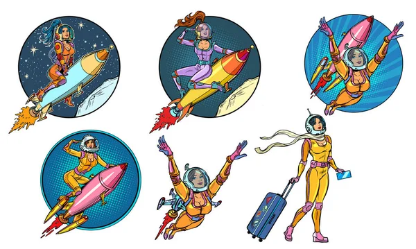 一组女宇航员。一个骑火箭的女人，太空旅游 — 图库矢量图片