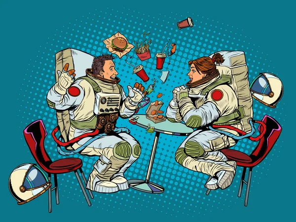 Astronauter man och kvinna par datum på snabbmatsrestaurang — Stock vektor