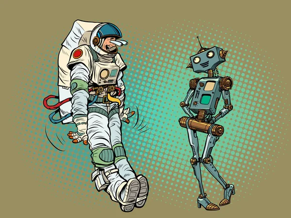 Un astronauta en una pose de choque de dibujos animados, mirando a un robot femenino — Vector de stock