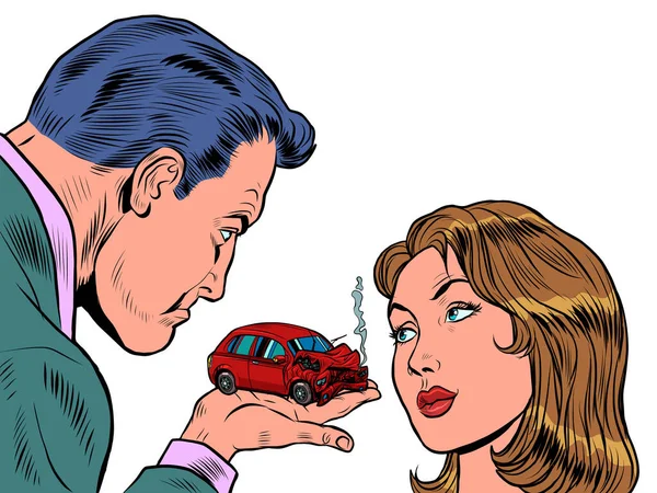 En man skyller en bilolycka på en kvinna. Försäkringsagent. En röd bil kraschade i en olycka. Passagerartransport. Fara på vägen — Stock vektor