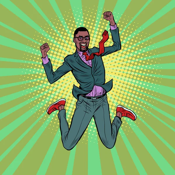 Negro Empresario salto de alegría, victoria. Una abolladura exitosa. Hombre en un traje de negocios en una pose divertida de alegría — Archivo Imágenes Vectoriales