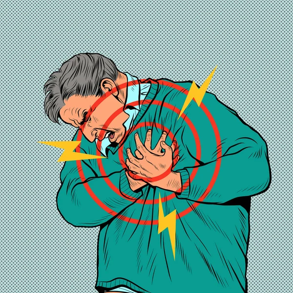 Біль у серці літньої людини, інфаркт міокарда гіпертонічна криза аритмія та інші захворювання кардіології Векторна Графіка