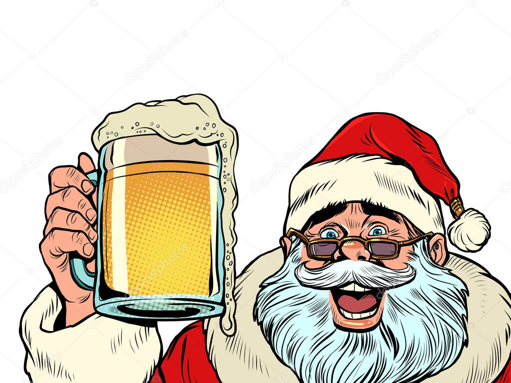 Santa Claus with a beer mug. Pub or bar, a fun party. Christmas and New Year, winter seasonal holiday in December