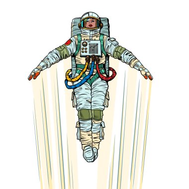 Dişi bir astronot, bir roket ya da uçak gibi yüksek hızda yukarı doğru uçuyor. Ellerini açtı ve onu geri dönüşümlü bir iz takip etti. Bilim ve Astronotlar