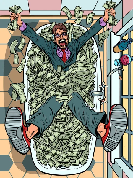 Un uomo d'affari in bagno con dei soldi. Soldi, ricchezza e vincite alla lotteria. Grande profitto milionario — Vettoriale Stock
