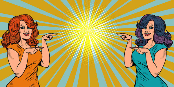 Две женщины указывают друг на друга. Пустое место на плакате