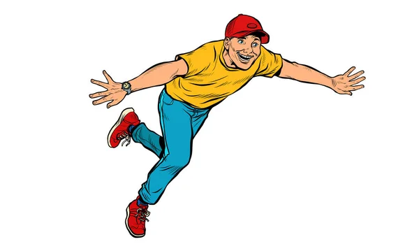 Ein junger Mann rennt fröhlich vorwärts, Lebensstil. Pop Art Retro Illustration — Stockvektor