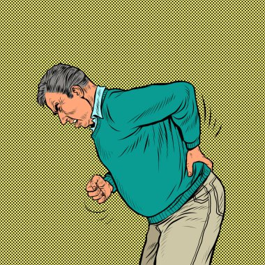 Yaşlı bir adamın sırt ağrısı, osteokondrosis fıtık burkulması siyatik ve omurga ve iç organlardaki diğer hastalıklar.