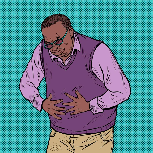 Hombre anciano africano dolor abdominal, enfermedades del estómago, intestinos u otros órganos internos — Vector de stock