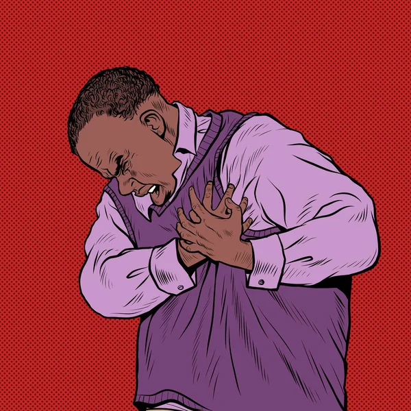 Homme âgé africain douleur cardiaque, infarctus du myocarde crise hypertensive arythmie et autres maladies de la cardiologie — Image vectorielle