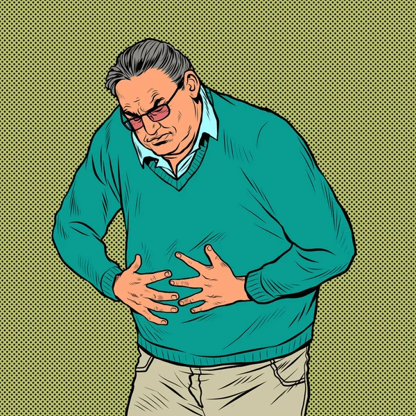 Ein älterer Mann Bauchschmerzen, Erkrankungen des Magens, des Darms oder anderer interner Organe — Stockvektor