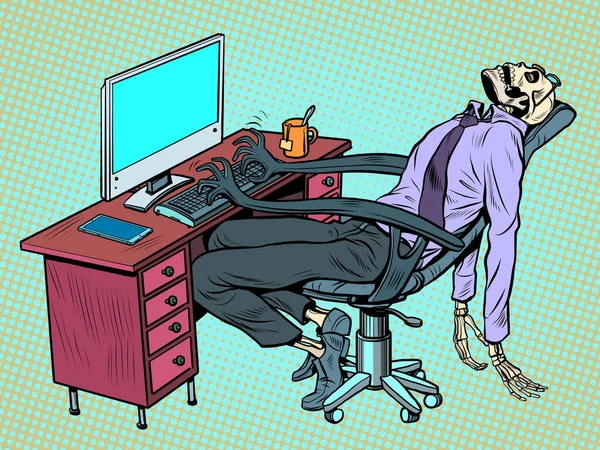 Ο επιχειρηματίας πέθανε στο γραφείο, αλλά η καρέκλα ρομπότ συνεχίζει να δουλεύει γι 'αυτόν στον υπολογιστή. — Διανυσματικό Αρχείο