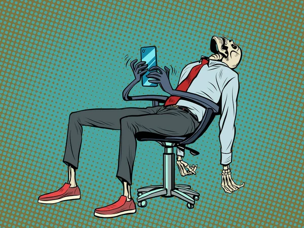 O empresário morreu no escritório, mas a cadeira robô continua a trabalhar para ele e responder a mensagens no smartphone —  Vetores de Stock