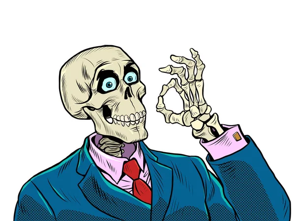 Hombre de negocios esqueleto ok gesto, buen negocio, hombre muerto positivo. supervivencia empresarial — Archivo Imágenes Vectoriales