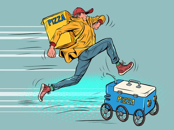 Man vs robot, food delivery. Courier competes with new technologies — Stockvektor