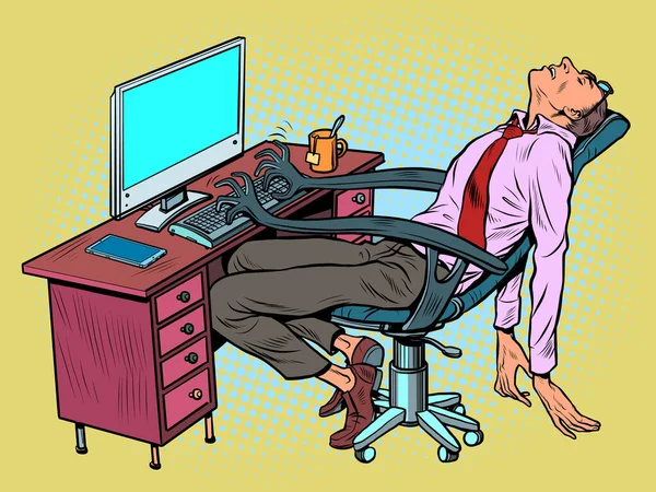 El gerente masculino duerme en el lugar de trabajo en la oficina. Una silla de trabajo robótica trabaja para una persona — Vector de stock