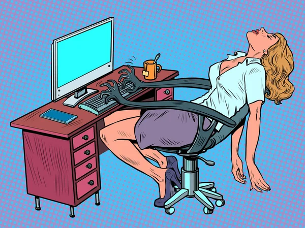 Une femme d'affaires fatiguée crache femme dans le bureau sur le lieu de travail. Une chaise robot travaille pour elle, tapant du texte sur le clavier de l'ordinateur — Image vectorielle