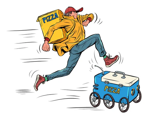 Man vs robot, food delivery. Courier competes with new technologies — Wektor stockowy