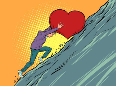 sisyphean labor a lover believes in love, rolls a valentines heart up the mountain