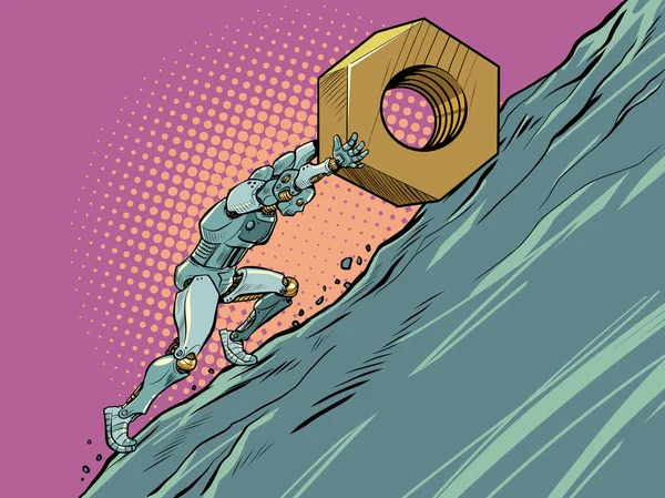Sisyphean labor the robot rolls the nut part to the top of the mountain — Stok Vektör
