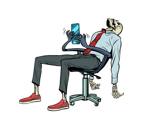 L'homme d'affaires est mort au bureau, mais le fauteuil robot continue de travailler pour lui et de répondre aux messages du smartphone — Image vectorielle