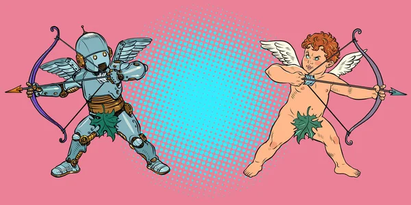 Robot y ángel bebé Cupido con un arco y flecha, un personaje mítico del amor — Vector de stock