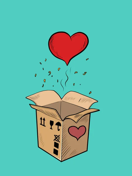 Corazón rojo caja San Valentín sorpresa saludo, amor romance — Vector de stock