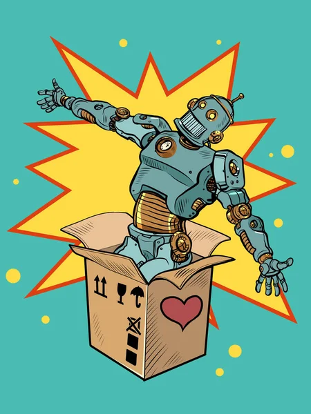 Robot mechanical toy box valentine surprise greeting, love romance — Stockový vektor