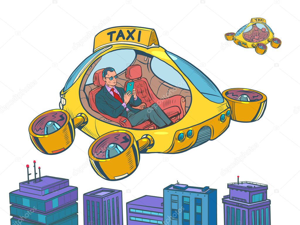 Businessman passenger. Drone air taxi, autopilot city transport. Helicopter of the future Isolate on a neutral background