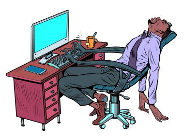 Afrikalı yönetici ofisteki işyerinde uyuyor. Robot çalışma koltuğu bir insan için çalışır.