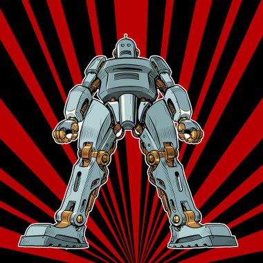 Dev bir robot görkemli bir duruş sergiliyor. Dibe vurun. Yapay zeka