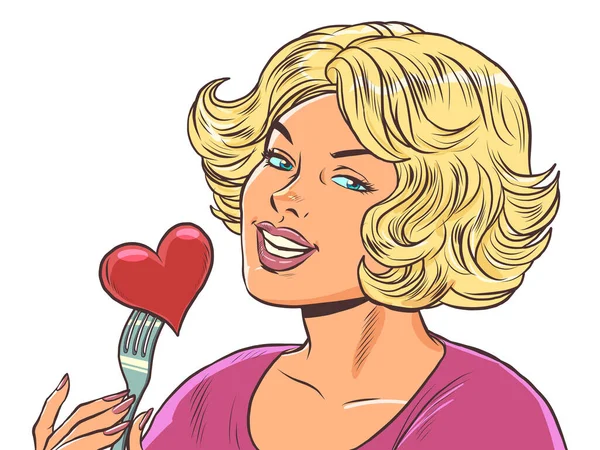 Schöne Frau isst einen roten Herzvalentin, Liebe in einem Restaurant — Stockvektor