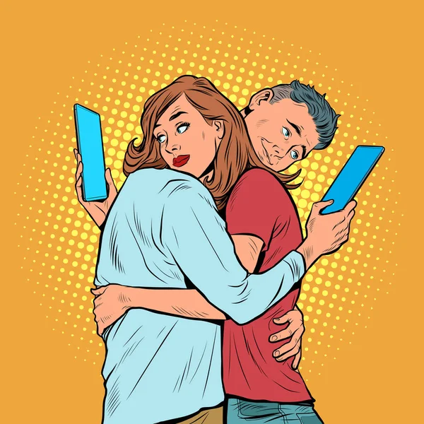 Um casal de homens e uma mulher estão a ver smartphones. Problemas dependência das redes sociais —  Vetores de Stock