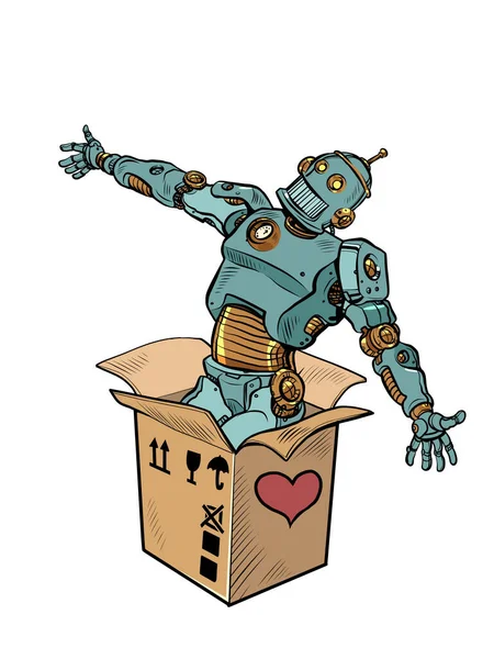Ρομπότ μηχανικό κουτί του Αγίου Βαλεντίνου έκπληξη χαιρετισμό, αγάπη ρομαντική απομόνωση σε λευκό φόντο — Διανυσματικό Αρχείο