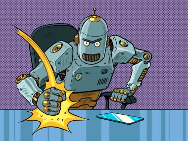 Kötü robot patron yumruğuyla masaya vuruyor. Ofisteki duygular. Kızgın patron.