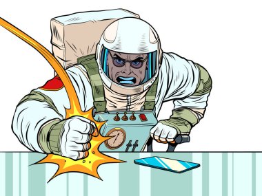 Astronot patronu yumruğuyla masaya vurur. Ofisteki duygular. Kızgın patron.