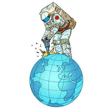 Elinde kaya matkabı olan bir astronot Dünya gezegeninden doğal kaynakları alıyor. Dünya ekonomisi, kozmonotik. Genel İş