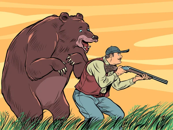 Obrovský medvěd a lovec, zábavná scéna. predátor se připlížil k muži, — Stockový vektor