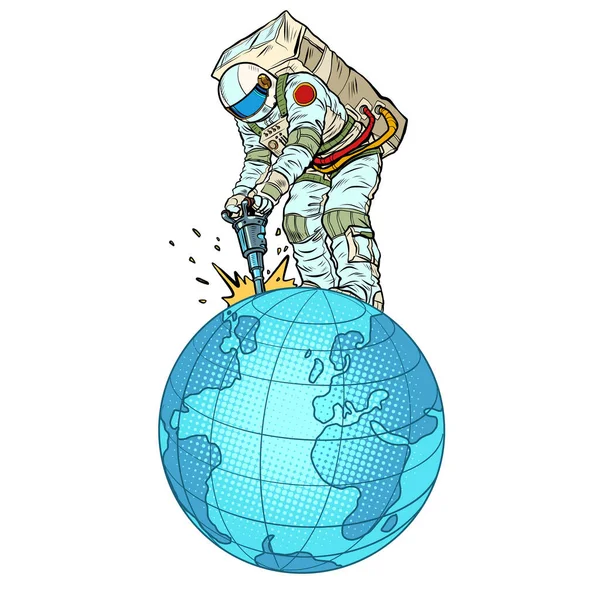 Un astronauta con un martillo neumático extrae recursos naturales del planeta tierra. Economía mundial, cosmonáutica. Negocios globales — Vector de stock