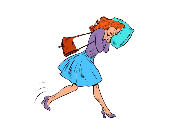 Una mujer de negocios cansada duerme en movimiento. Va a trabajar por la mañana con la cabeza sobre una almohada — Archivo Imágenes Vectoriales