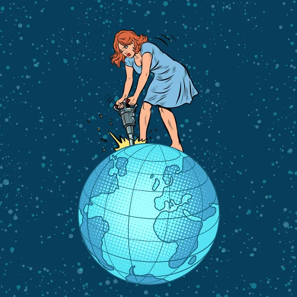 一位女商人拿着大锤从地球上榨取自然资源。世界经济。全球商业 — 图库矢量图片