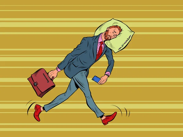Un hombre de negocios cansado duerme en movimiento. Va a trabajar por la mañana con la cabeza sobre una almohada — Archivo Imágenes Vectoriales
