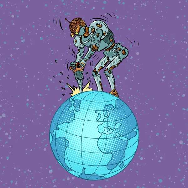 ジャックハンマーを持つロボットは、地球から天然資源を抽出します。グローバル経済、グローバルビジネス — ストックベクタ