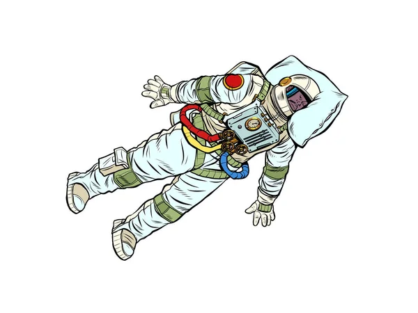 Un astronauta cansado duerme en el espacio exterior. Un profesional duerme en el trabajo con la cabeza sobre una almohada — Archivo Imágenes Vectoriales